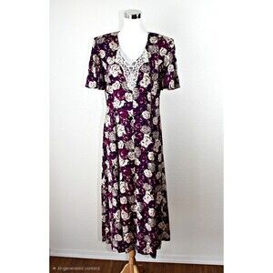 VTG Cottagecore Fairy SOSTANZA Dress Sz 12 Purple Cream Roses SS Back Lacing #04